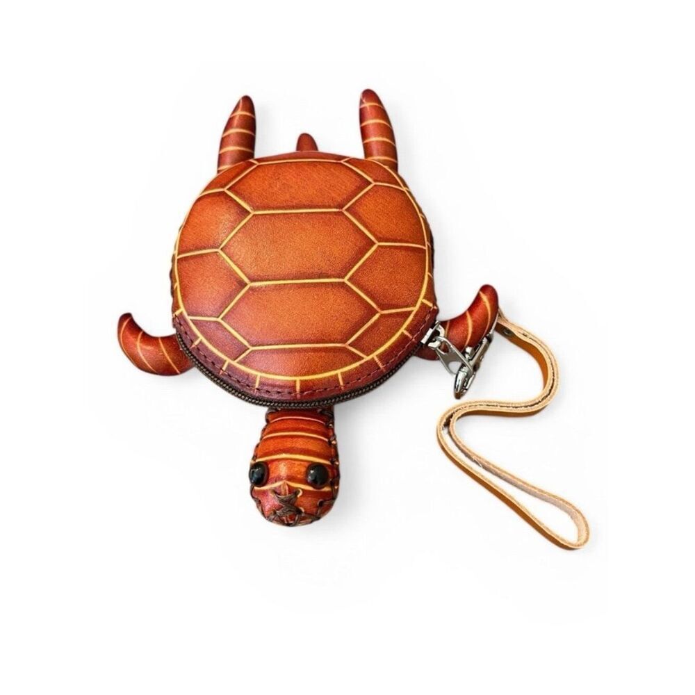 Leather Turtle Wristlet Wallet Coin Purse Zip Pouch Handmade Small New